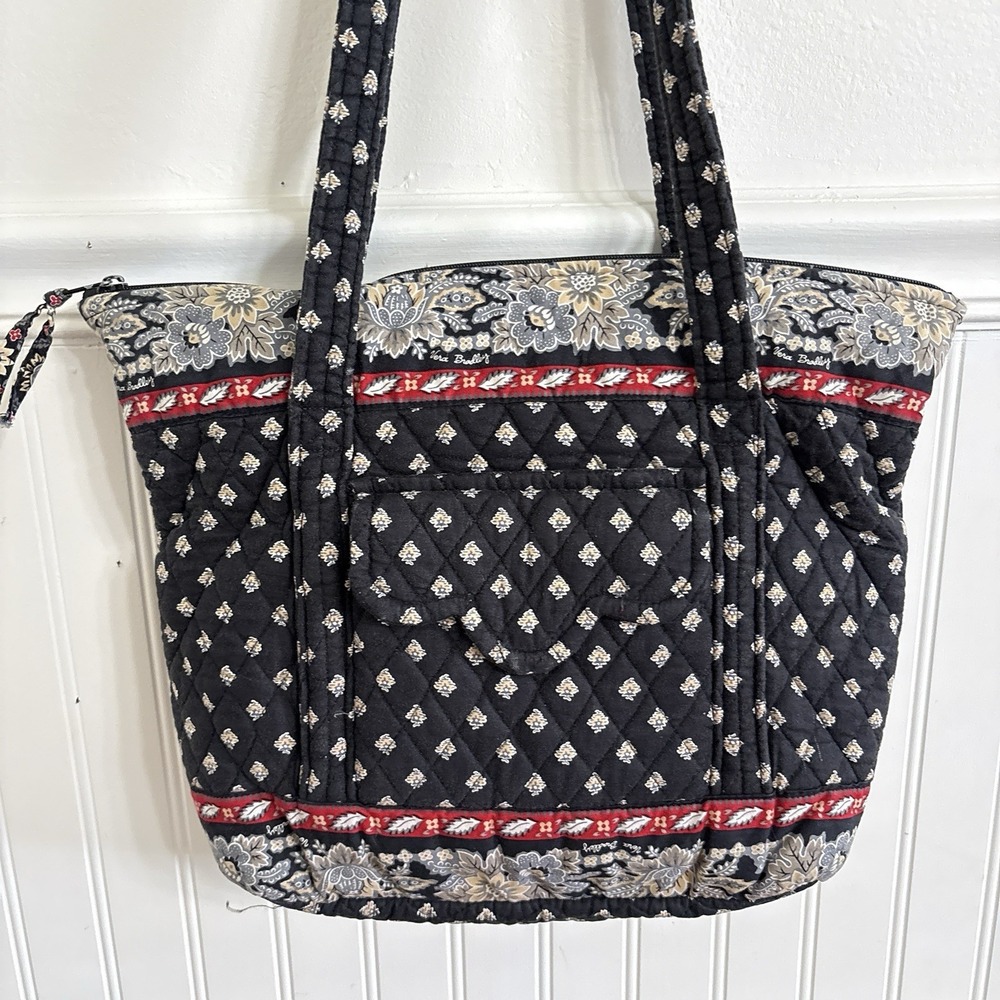 Vera Bradley Classic Black Quilted Zip Tote Bag Red Floral Retired Cotton